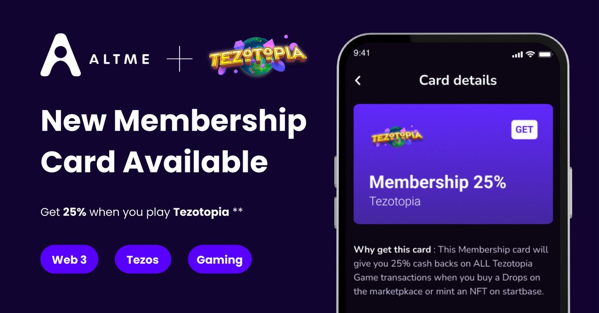 Exciting news! The <a href="/tezotopiaio/">Tezotopia ☄️</a> Membership card is now officially available in #Altme wallet. 

Get 25% cash back on #Tezotopia when you buy drops on the marketplace or mint NFTs on starbase.

#Tezos #Web3 #SSI #Gaming <a href="/tezos/">Tezos</a> <a href="/blockborn/">Block Born</a> <a href="/Tezos_Gaming/">TezosGaming</a> <a href="/gifdotgames/">Tezotopia | A World Created & Owned By You</a> @Bloometa_GameFi