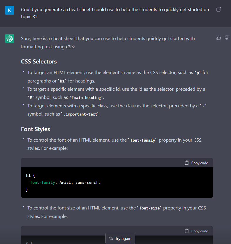 keesvanbochove's tweet photo. It looks like the #AI hype is real this time, people. This chatbot #ChatGPT is going to save me some time for sure. In this example, I had been googling unsuccessfully for a good set of HTML/CSS cheatsheets to use in the classroom. #ChatGPT happily produces them in Dutch for me. https://t.co/cfij6JKru8