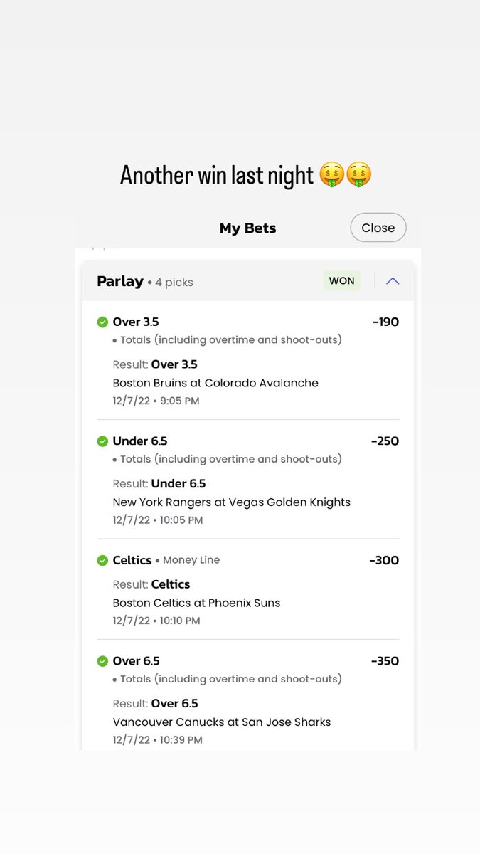 PriceTheArtist's tweet photo. NHL picks and Celtics win last night 🤑🤑 #CASHED #sportspicks #sportsbettingtwitter https://t.co/eaWCYcohSU