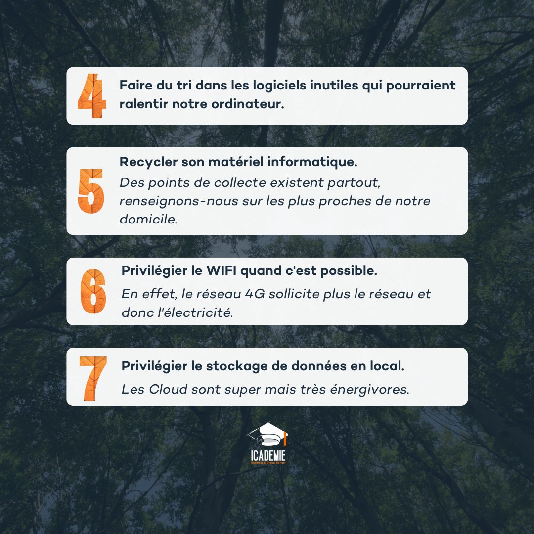 En cette journée mondiale du climat, voici nos écogestes à mettre en place au quotidien pour réduire notre impact numérique sur l'environnement. 🌱

#icademie #mixlearning #climat #protectourplanet