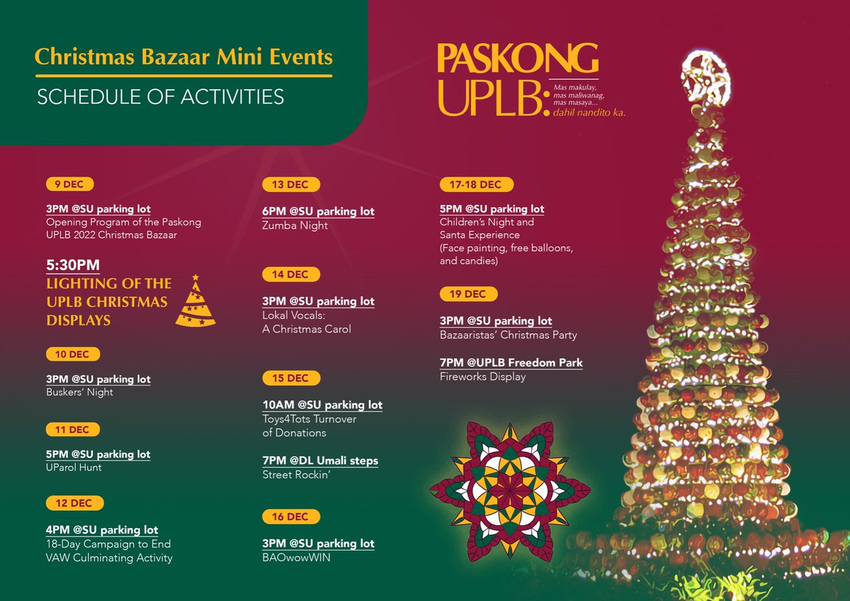 UPLBOfficial's tweet photo. #PaskongUPLB2022 Christmas Bazaar Mini Events and Christmas Events per Unit https://t.co/S59XCIeFou
