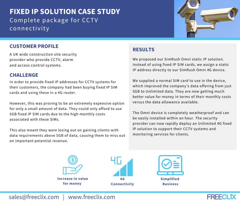 SimRush 4G/5G broadband can be used for all sorts of connectivity requirements.
Read about how a UK-wide construction site security provider deployed SimRush to provide a cost-effective static IP address solution for their CCTV systems.
#StaticIP #cctvsystems #4G
