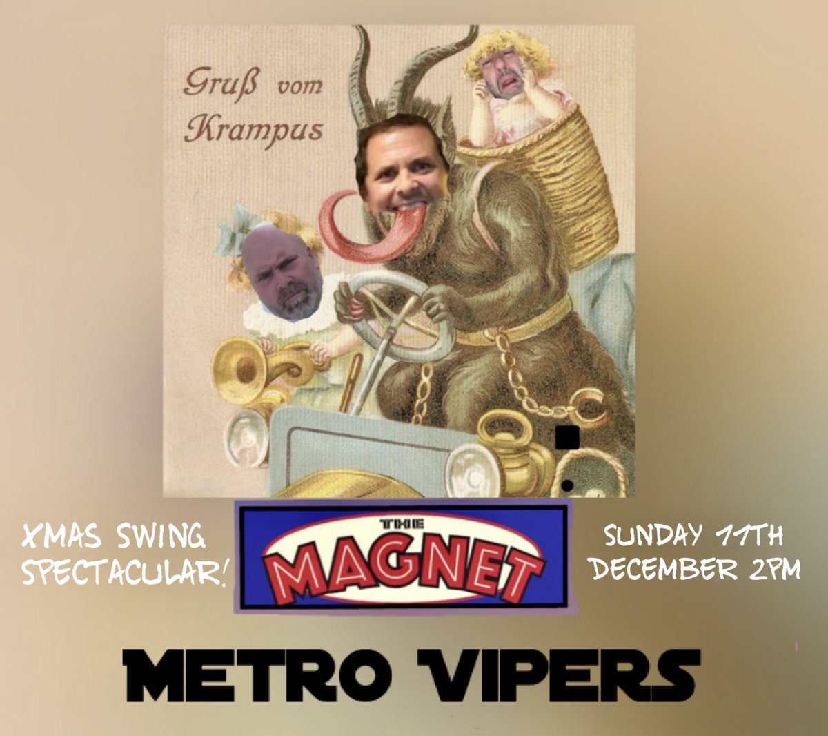MetroVipers's tweet photo. This Sunday 11th December from 2pm you can find us at @themagnetbroadstairs 37 Albion St, Broadstairs if you like hot, swinging action! We’ll play a Christmas song too! #gypsyswing #rocknroll #kent #broadstairs #krampus #christmas #isleofthanet #broadstairskent #swingjazz https://t.co/xCKKp940fD