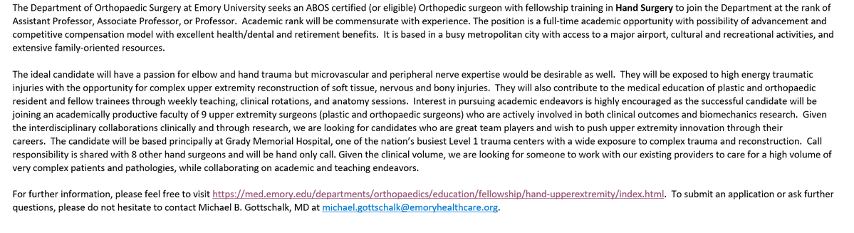 EmoryGradyOrtho's tweet photo. Our department is expanding! We are looking to hire an #Orthopaedic surgeon with fellowship training in #HandSurgery. The ideal candidate will have a passion for elbow and #handtrauma but #microvascular and #peripheralnerve expertise would be desirable as well.
#orthotwitter https://t.co/foAxvzgk1i