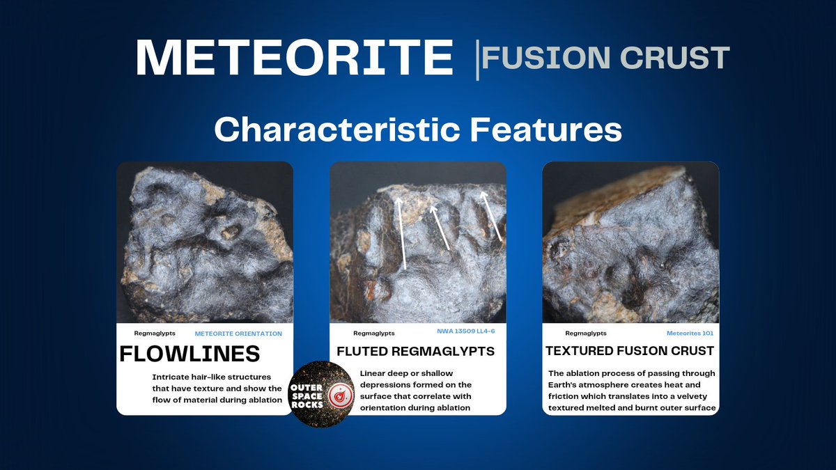 OuterSpaceRocks's tweet photo. #Meteorite characteristics. #FusionCrust #Regmaglypts #Fluted #Flowlines #NWA13509 Fusion Crust is the most prominent characteristic of any fresh meteorite. Learning about Fusion Crust is essential for Meteorite Identification. Fusion Crust can also convey direction/#orientation https://t.co/CXlS3H4tET