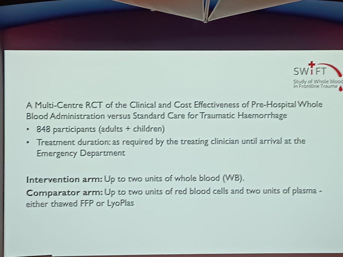 SPITFIREstudy's tweet photo. @LDN_TC @rossdavenport presenting @SWiFT_trial prehospital Whole-blood vs. Standard of care RCT. UK standard of care for prehospital traumatic haemorragie = prehospital blood components. #spitfire will help describe Italian practice and promote change management! #LTC2022 https://t.co/Gz80RitMUe