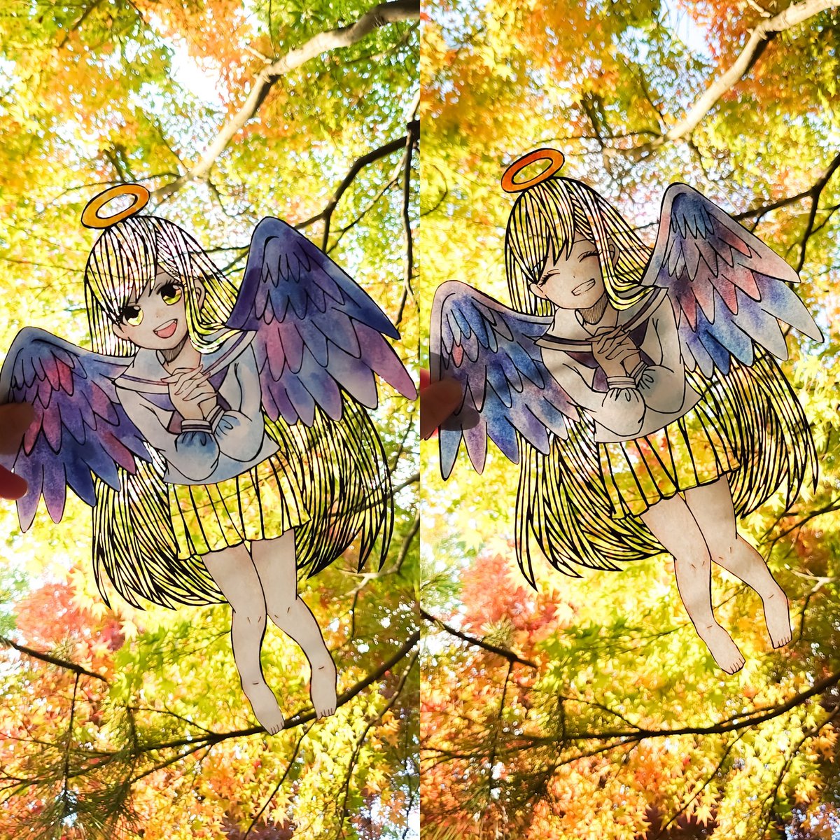 wings yellow skirt skirt long hair halo smile barefoot  illustration images