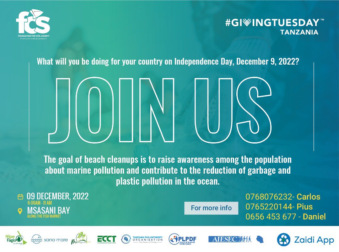 HauleDaniel1's tweet photo. Join us and Give back to the Community by Cleaning the beach tomorrow
Location: Msasani Bay along the Fish Market.
Link to the Site: https://t.co/LKgJMUVGyC
@FCSTZ @NipeFagio @MKonekti @SanaMare_org @GivingTuesday
#GivingTuesdaytz
#GivingTuesday2022 https://t.co/GmfSSx0j0m