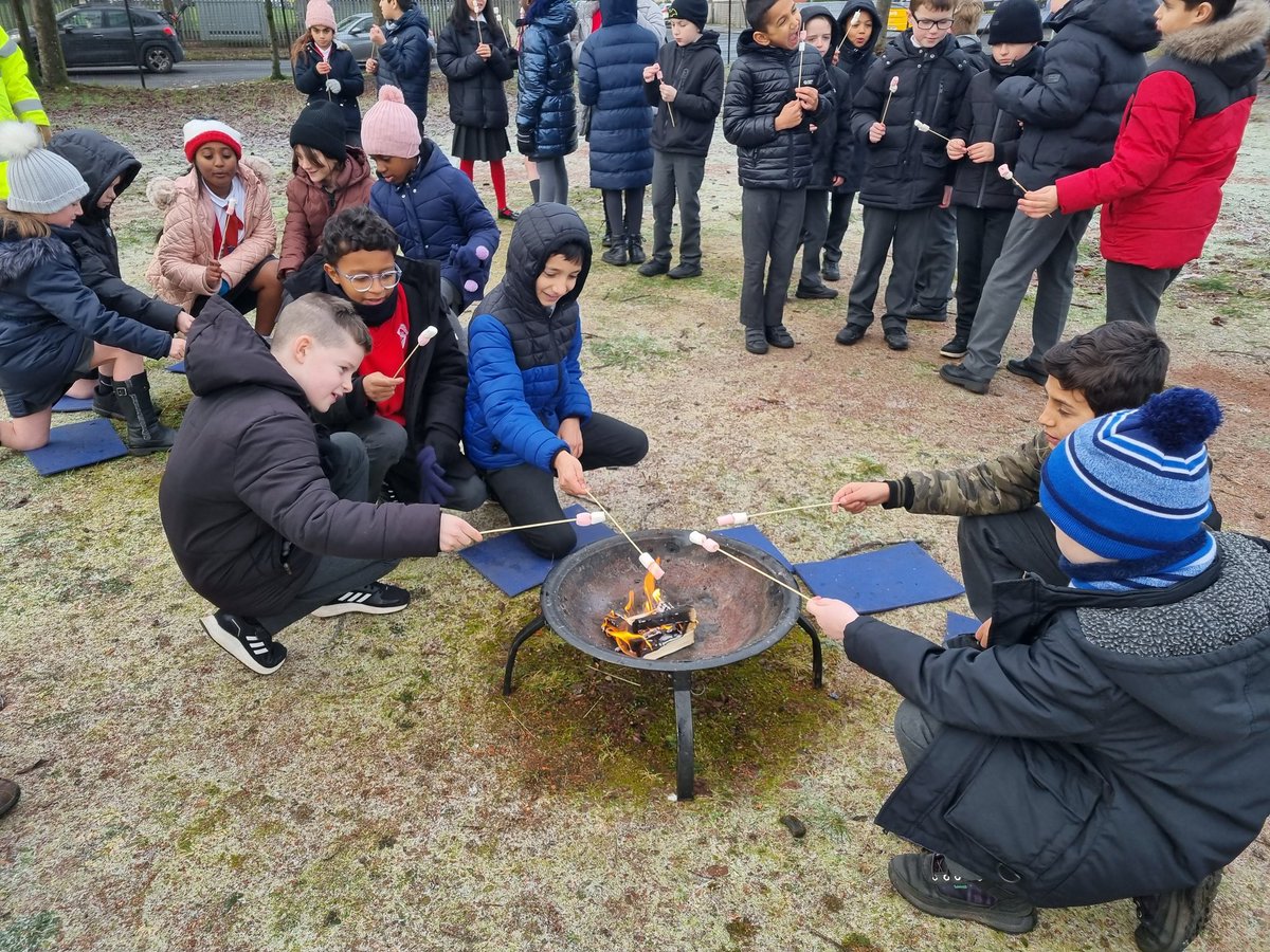 P5 enjoyed toasting marshmallows over the fire pit outside.  What a perfect  day to have a warm 🔥. They learned valuable fire making skills in a safe environment too! #outdoorfun #safety