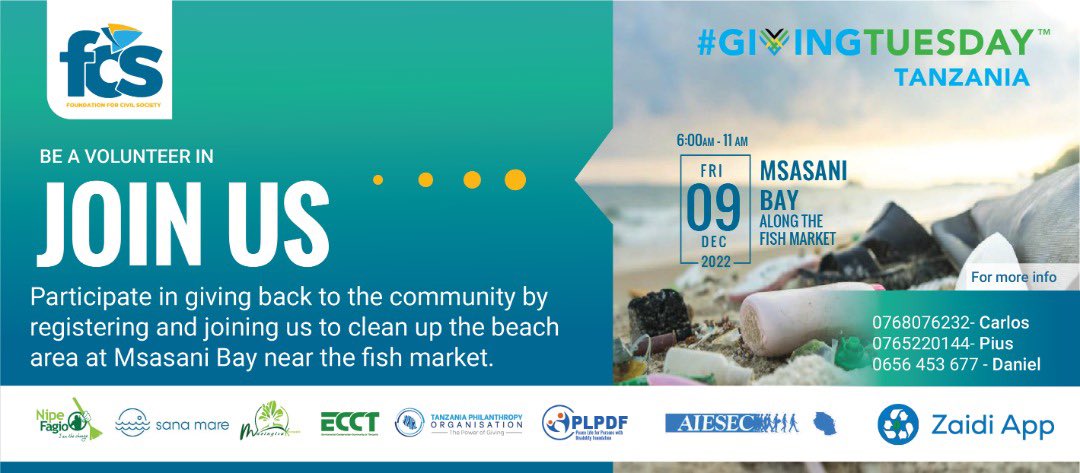 tpotanzania's tweet photo. Join us and Give back to the Community by Cleaning the beach tomorrow 
Location: Msasani Bay along the Fish Market. 
Link to the Site: https://t.co/ZvedIXIzBR

@FCSTZ @NipeFagio @MKonekti @SanaMare_org @GivingTuesday 
#GivingTuesdaytz 
#GivingTuesday2022 https://t.co/MrJ1JRlGjj