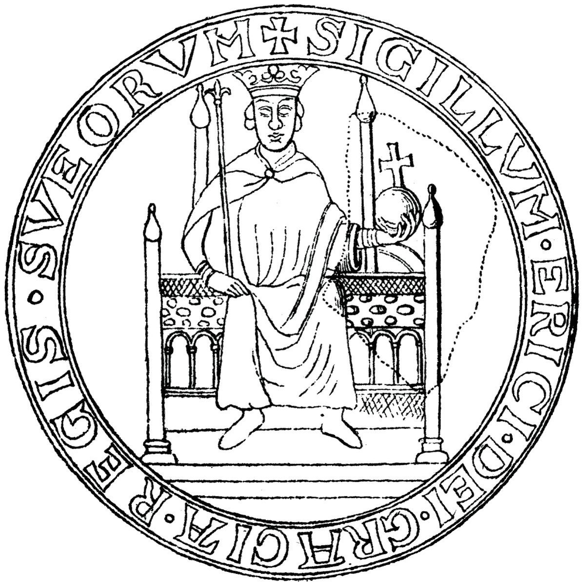 Seal of Erik XI, King of Sweden, taken from https://en.wikipedia.org/wiki/Eric_XI_of_Sweden#/media/File:Erik-eriksson-laspe.gif