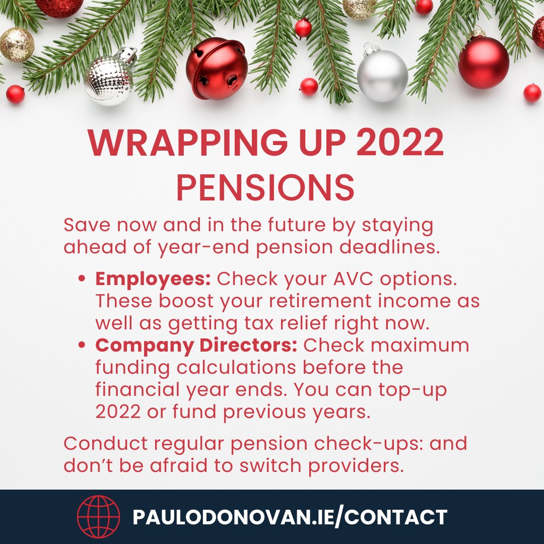 paulodonovanacc's tweet photo. Act now to make the most of pension possibilities.
As the year end approaches so do pension deadlines. Review your options; pensions are a tax-efficient way to fund extra retirement income as well as getting tax relief right now.
#FinancialPlanning #Pensions #IrishBusiness #2023 https://t.co/ertIHzBOzC