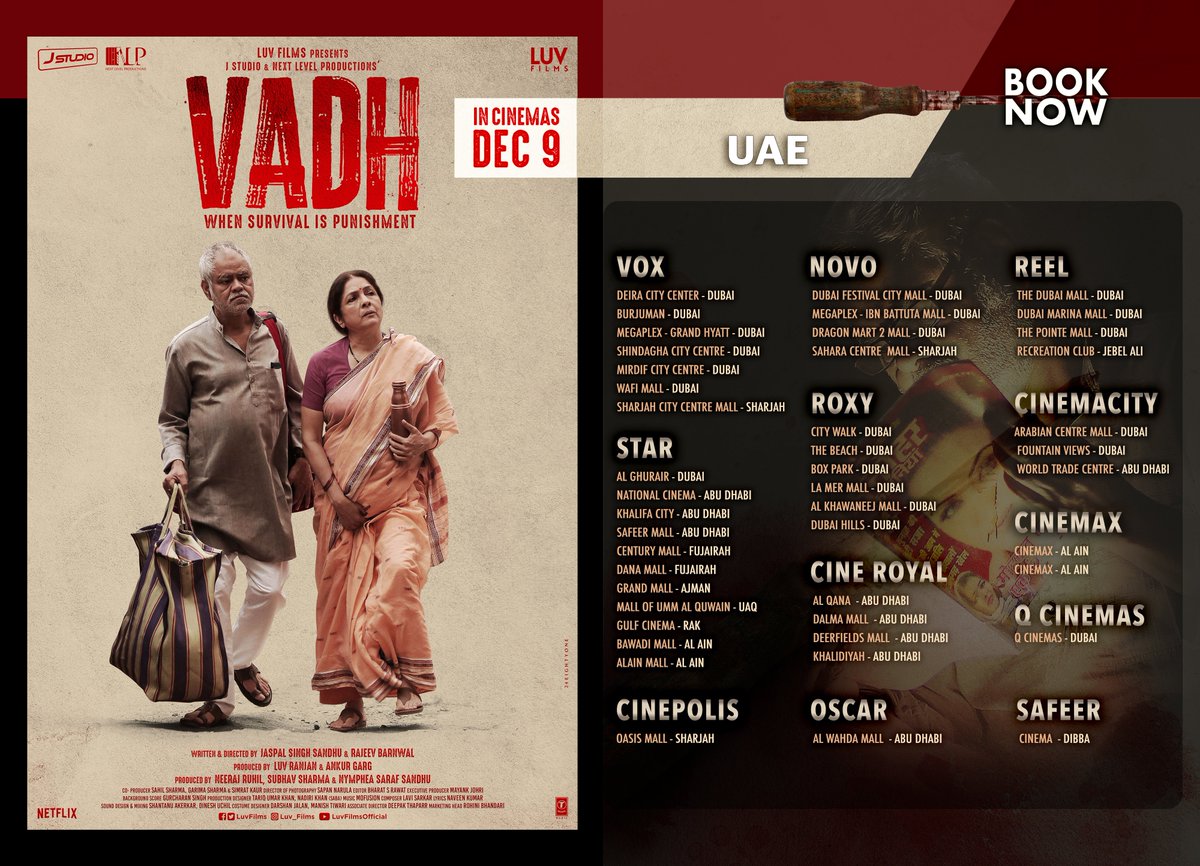 yrf's tweet photo. Watch the gripping thriller #Vadh only on a big screen near you, tomorrow! Book your tickets now. 
For Worldwide Cinema Listings check out https://t.co/1ZLNFPtrIU 
#YRFInternational | @LuvFilms https://t.co/dmWBO6469R