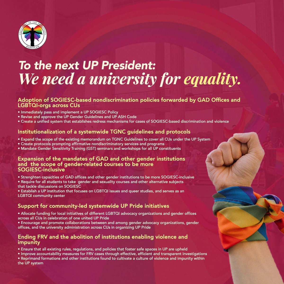 upbabaylan's tweet photo. UP Babaylan endorses Chancellor Fidel Nemenzo to be the next UP President as we believe that he is the most capable of heeding our calls to make UP a university for equality, human rights, & social justice. βπΌ
#UPPrexy
#UPForEquality
#UPSOGIESCPolicy
#TGNCGuidelines https://t.co/zUGfkMyrvj