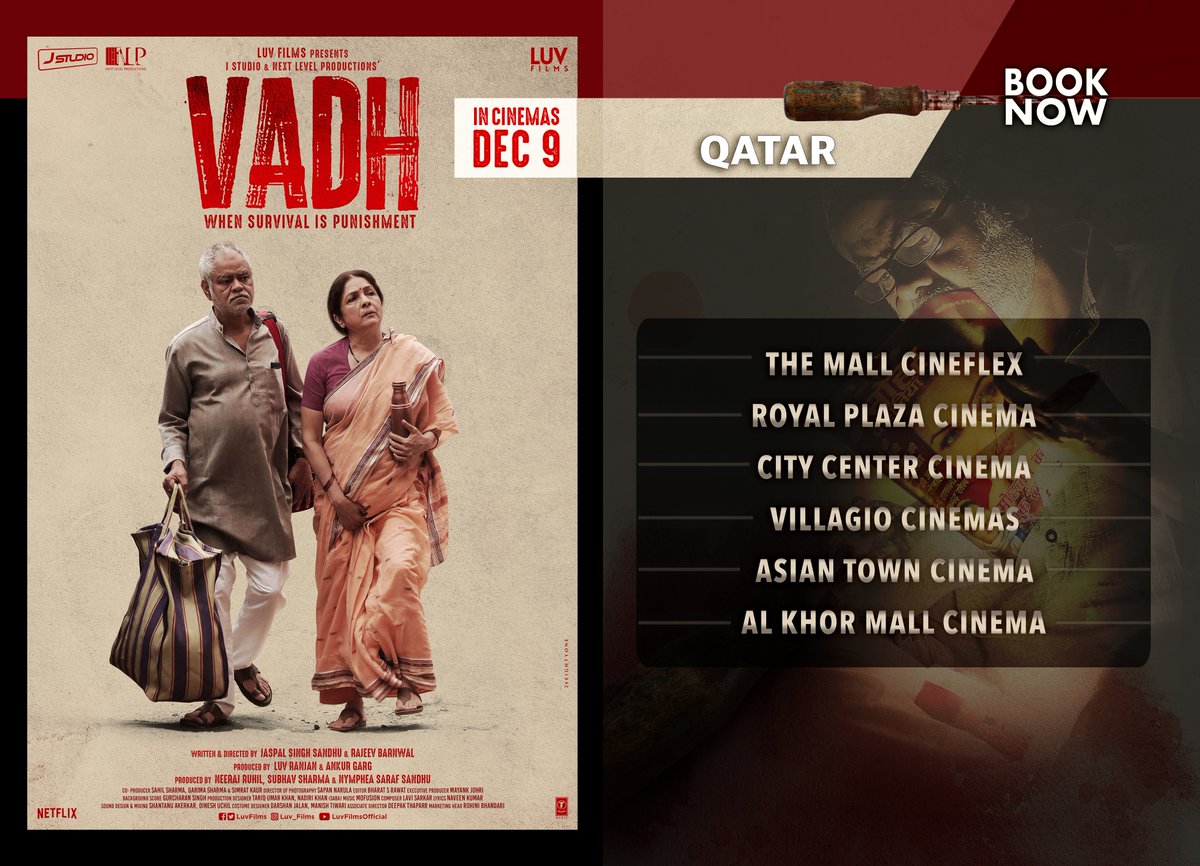 yrf's tweet photo. Watch the gripping thriller #Vadh only on a big screen near you, tomorrow! Book your tickets now. 
For Worldwide Cinema Listings check out https://t.co/1ZLNFPtrIU 
#YRFInternational | @LuvFilms https://t.co/dmWBO6469R