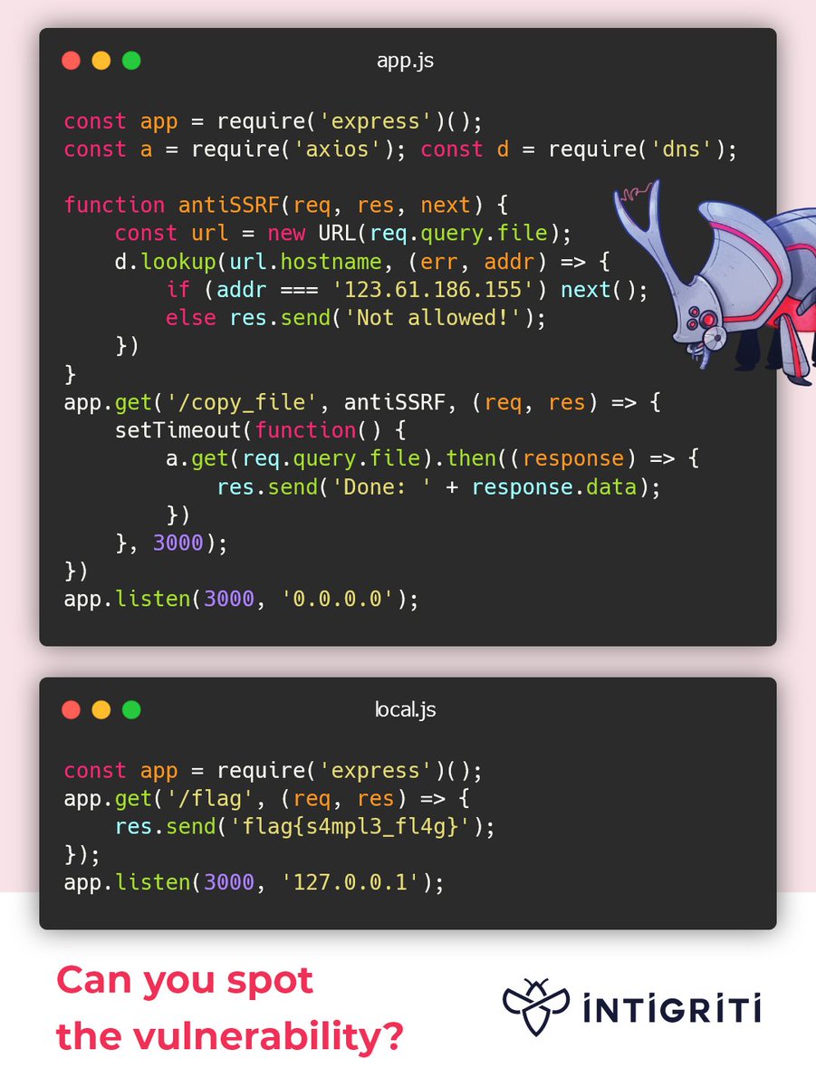 intigriti's tweet photo. Can you spot the vulnerability? 🔎

Show us how you'd get the flag from the server in the comments 👇

The best explanation gets a 25€ SWAG voucher! 👕 https://t.co/6uRmrcpbgR