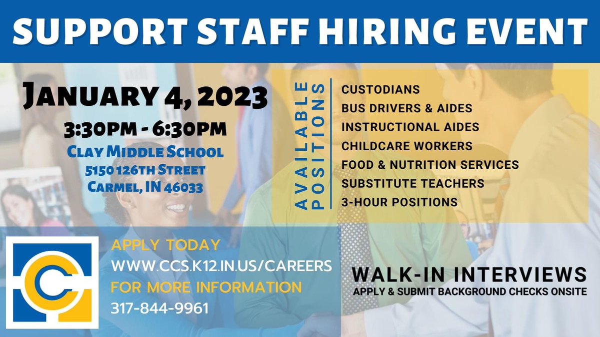 CCS is hiring! If interested in a support staff position, plan to attend the hiring event on January 4, 3:30-6:30pm. <a href="/ForestDaleElem/">Forest Dale Elem</a> #myccs