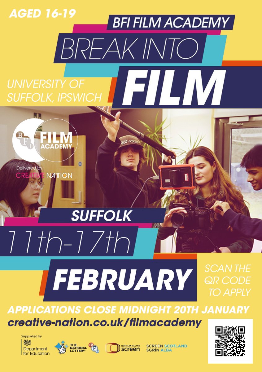 If you’re 16 to 25 and want to learn about or work in film, @BFIFilmAcademy can help. The course will take place at @UniofSuffolk and will be a fast-paced, fun and practical film making experience to enhance and develop skills. Find out more here: creative-nation.co.uk/filmacademy/