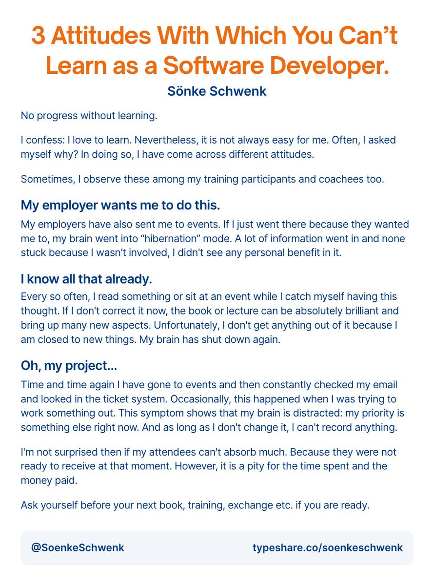SoenkeSchwenk's tweet image. 3 Attitudes With Which You Can’t Learn as a Software Developer.
#softwaredevelopmer #softwaredevelopment #learning #mindset #attitudes