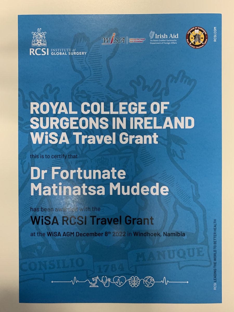 Looking forward to the @WomenSurgAfr reception later today in #Namibia 🇳🇦

@RCSI_Irl President Prof Laura Viani will present @Irish_Aid @COSECSA travel awards to two outstanding surgeons📜

⭐️Dr Fortunate Matinatsa Muede @matinastarr  
⭐️Dr Polisi Zawadi Consolate  

#RCSIengage