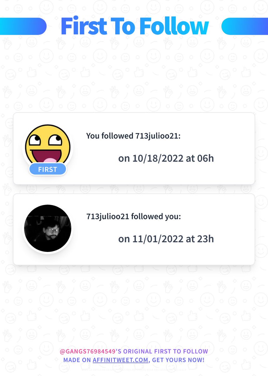 gangs76984549's tweet photo. ✨ First To Follow 

You followed 713julioo21 on 10/18/2022 at 06:10:57.
713julioo21 followed you on 11/01/2022 at 23:14:35.

➡️ https://t.co/30dnPV3AYi https://t.co/5Xd0r9iFLW