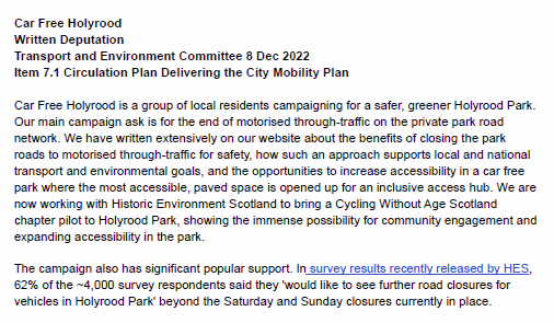 SpokesLothian's tweet photo. @Edinburgh_CC @planningedin @DaveJFrench @CllrCMiller @SanneDD @CyclingEdin @SW20Ed @best_edinburgh @SpokesPorty @Cyclesouthedin @johnrobson87 @EdinReporter @Algorhythmica1 @LaidBackBikes @harts_cyclery @sto_paul @TramstoNewhaven @CllrScottArthur @DAstonSNP @kevin_lang @EdinburghBUG @LivingStreetsEd @TransformScot @PaulWhite_CPT @on_lothianbuses @BusUsersUK @CouncillorCowdy @scotgov #EdinWebCast - #CirculationPlan

#HolyroodPark 

Deputation by @carfreeholyrood 
[p12-16] -->https://t.co/uv7ZibIYFz

@CllrScottArthur says..
- park is responsibility/decision of @HistEnvScot
- a road would never be built there now
- eventually🚙must go, but 'managed transition' https://t.co/ysHnZwOG9E