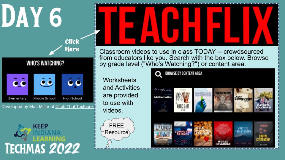 KeepINLearning's tweet image. A video library curated by educators? Yes, please! Check out Teachflix - teachflix.org #KINLTechmas #KeepINLearning #KeepIndianaMerry docs.google.com/presentation/d…