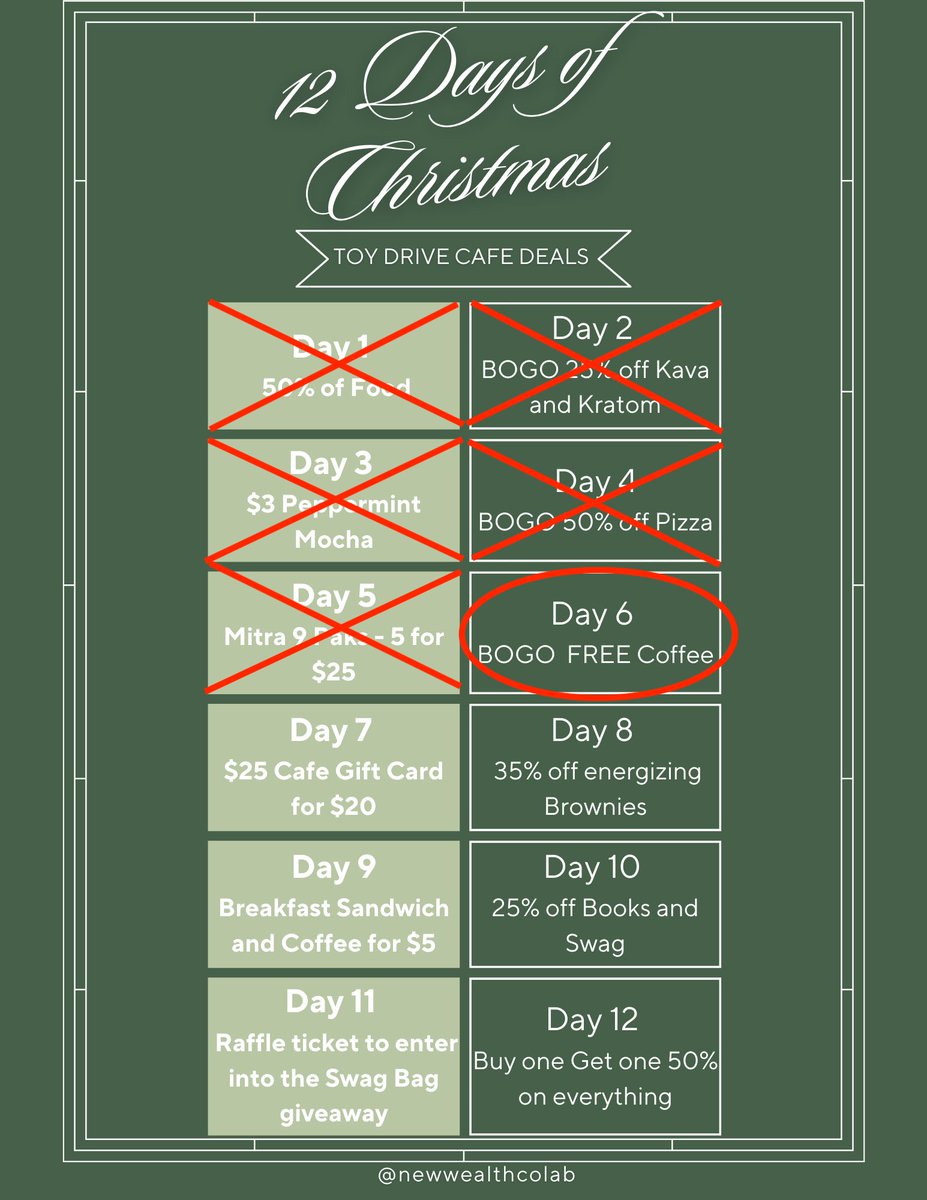 NewWealthCoLab's tweet photo. On the 6th Day of Christmas to Colab gave to me..BUY ONE GET ONE FREE COFFEE!!! Join us for a relaxing cup of Coffee before getting into the office or to recharge at during lunch. 

check us out: https://t.co/KMcxsqf0RU

#bogo #caffeine #newwealthcolab #holidays #tamparealestate https://t.co/54u8C5ovKF