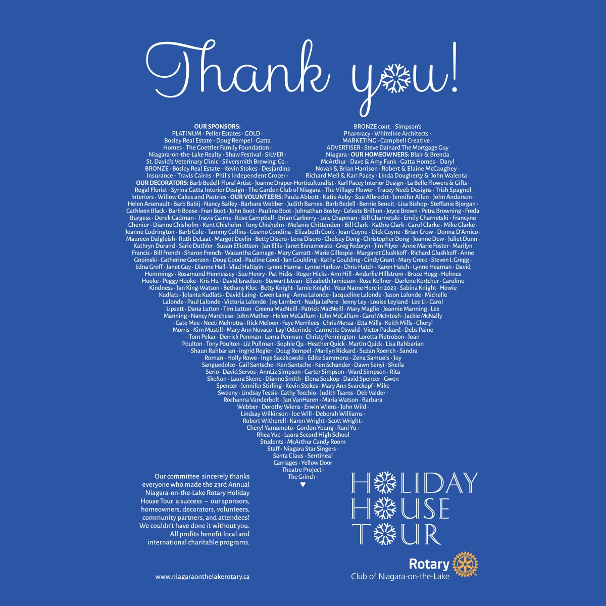 NotlRotary's tweet photo. We  sincerely THANK everyone who made the 23rd Annual #NiagaraontheLake #Rotary #HolidayHouseTour a success! 💙💙💙

NOTL volunteers, look for your name on our ad in @thenotllocal1 &amp; @thelakereport. We very much appreciate your support.💙

#community #volunteers https://t.co/NSpjKptLm5