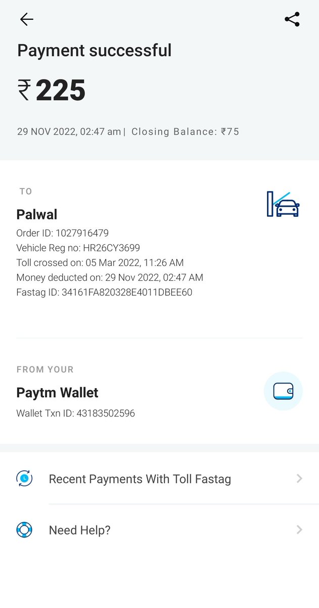 Deepak29617396's tweet photo. @Paytmcare unauthorized toll tax deduction by paytm after 8 months. Refund this amount https://t.co/GQEytdjY0Q