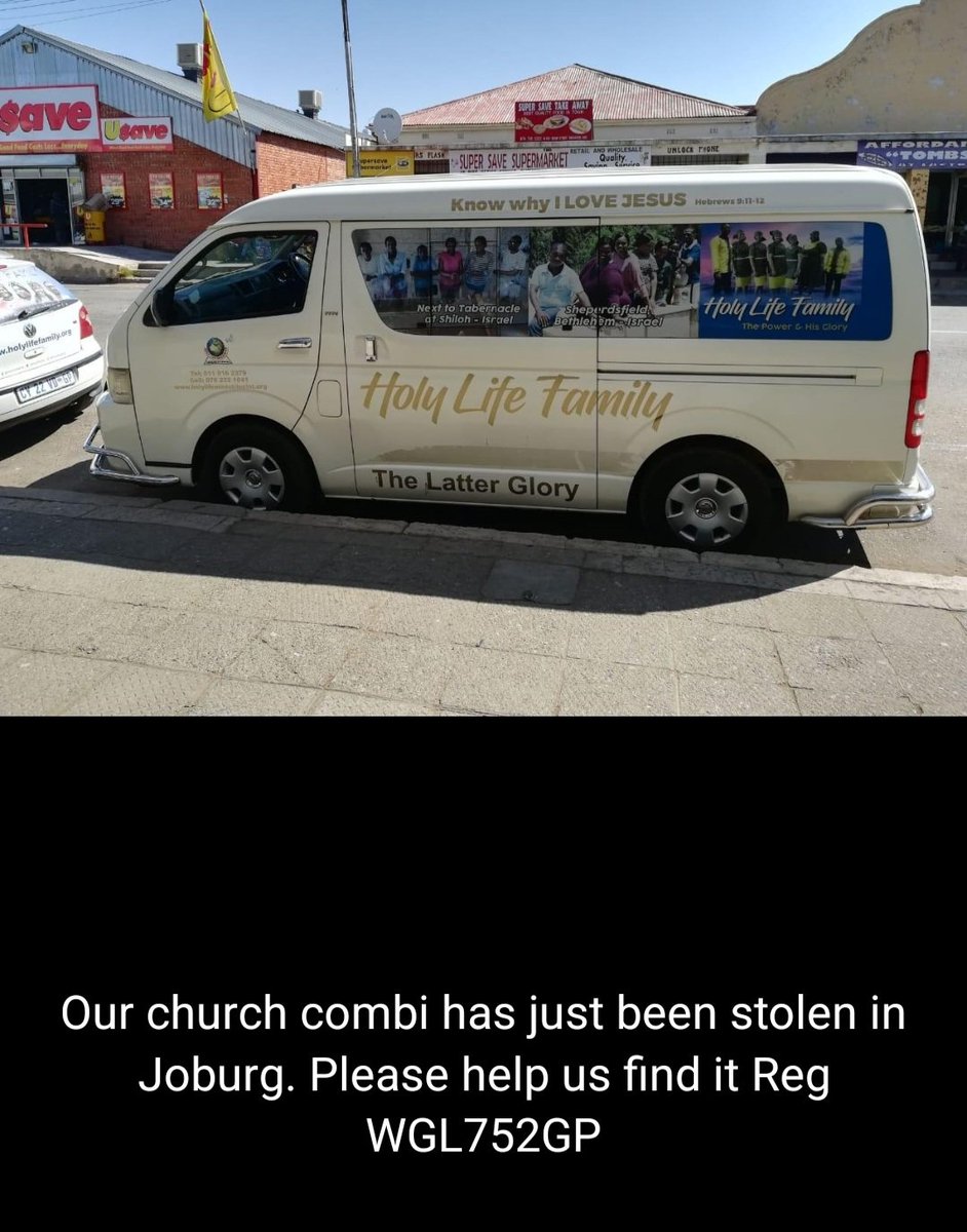sothohymns's tweet photo. Church Combi Hijacked in Johannesburg CBD. Driver Dropped At Tsakane

Contact: +27 69 309 2228
               : +27119162379 https://t.co/PlKYtKmRPB