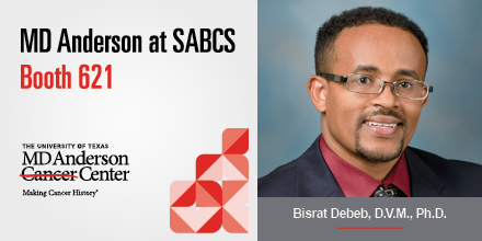 UTMDAnderson's tweet photo. Meet our Dr. Bisrat Debeb at the MD Anderson booth today at 11 a.m. to discuss the exciting research being presented this week at #SABCS22. @DebebLab #EndCancer https://t.co/bQkaXk4qmM
