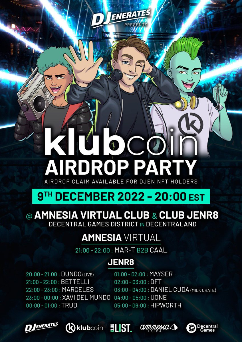 Set times for the Klubcoin Airdrop Party announced. DJs streaming for 10hrs in <a href="/DecentralGames/">Decentral Games</a> in Club JENR8 for the #NFTCommuinity. Djen holders claim yr <a href="/KlubCoin/">KlubCoin</a> during the event. More info in our Discord 👉. #nftdj #virtualdj #nftmusic 🎉🎧