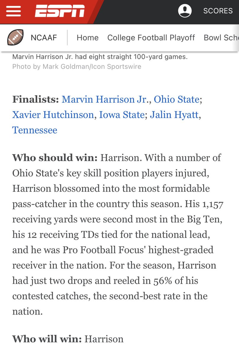 zachTNT's tweet photo. ESPN wants to see Marvin Harrison Jr win the Biletnikoff so badly that they’re just straight up ignoring that Jalin Hyatt had 15 receiving TDs to lead the nation. https://t.co/cZdf0zgQQY