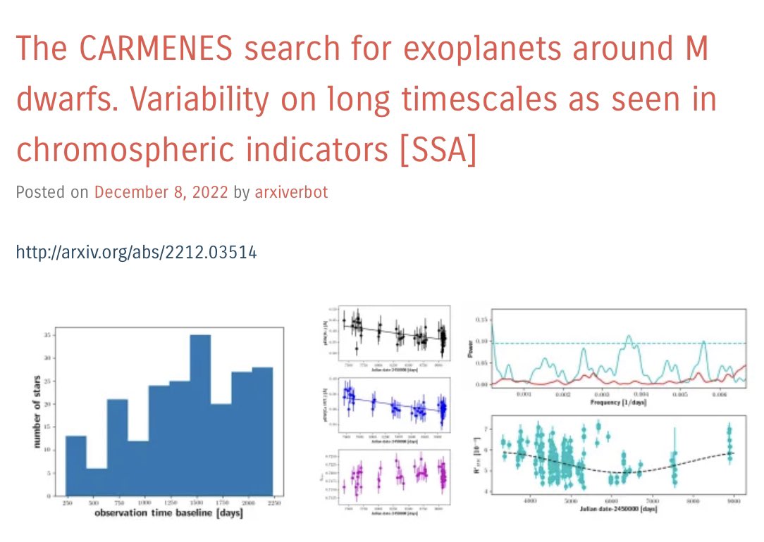 Today in astroph interesting paper studying systematic long-term activity indicators variability in a sample of 211 M dwarfs observed with <a href="/CARMENES_exopl/">Carmenes Exoplanets</a> + an independent search in archival R′HK data. 
See: B. Fuhrmeister, et al. arxiv.org/abs/2212.03514 <a href="/CalarAltoObs/">Calar Alto Obs.Astr.</a>