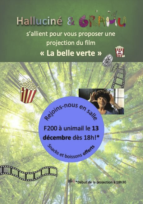 Hello! Le #GRAMU et #Halluciné organise la projection du film "La belle verte", c'est mardi prochain (13.12) à 18:30 en faculté des Sciences  (Emile Argand 11), et il y aura un super apéro pour l'entracte:))) veneeez ça va être chouette!🌱
<a href="/UniNeuchatel/">Université Neuchâtel</a> <a href="/neuchatelville/">Ville de Neuchâtel 🇨🇭</a>