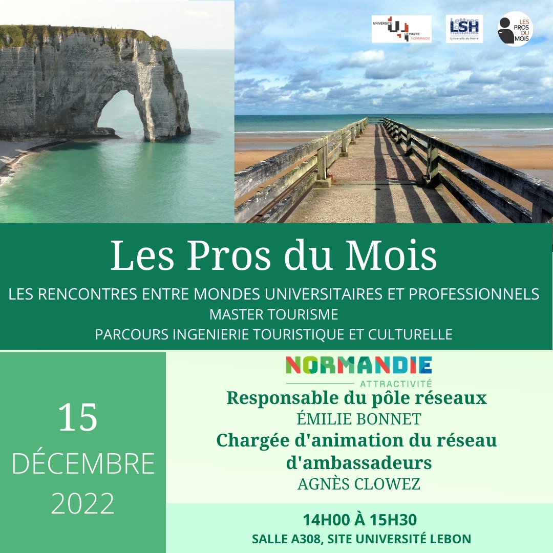 [15 décembre 2022] Nouvelle séance des Pros du Mois avec Normandie Attractivité ! Nous avons le plaisir d’accueillir Emilie Bonnet, Responsable du pôle réseaux et Agnès Clowez, Chargée d’animation du réseau d’ambassadeurs. <a href="/NdieAttractiviT/">Choisir la Normandie</a>