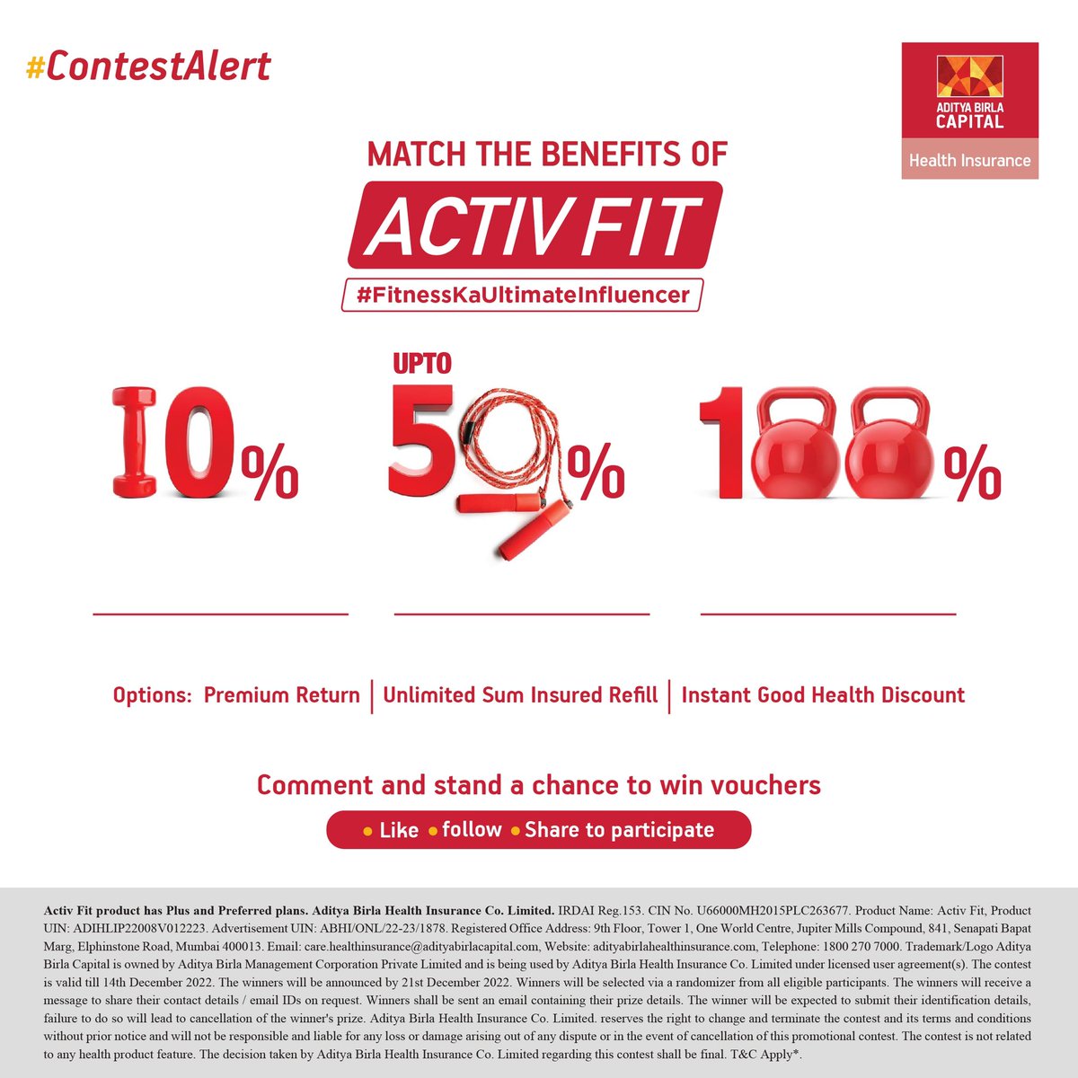abhealthin's tweet photo. Can you guess the benefits of our Activ Fit plan? Comment your answers below, like, follow, share and you stand a chance to win vouchers.
 
#FitnessKaUltimateInfluencer #ABHIkaro #ActivFit #ContestAlert #AdityaBirlaHealthInsurance https://t.co/ybRPqrwdXM