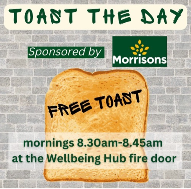 BanAc_HWB's tweet photo. Toast the Day 
Start the day of right.  Feel free to pop in past the Wellbeing Hub from 8:30 - 8:45am each day for a warm slice of toast. 
https://t.co/cKQ3parIRj https://t.co/0RsBQgP4Jj