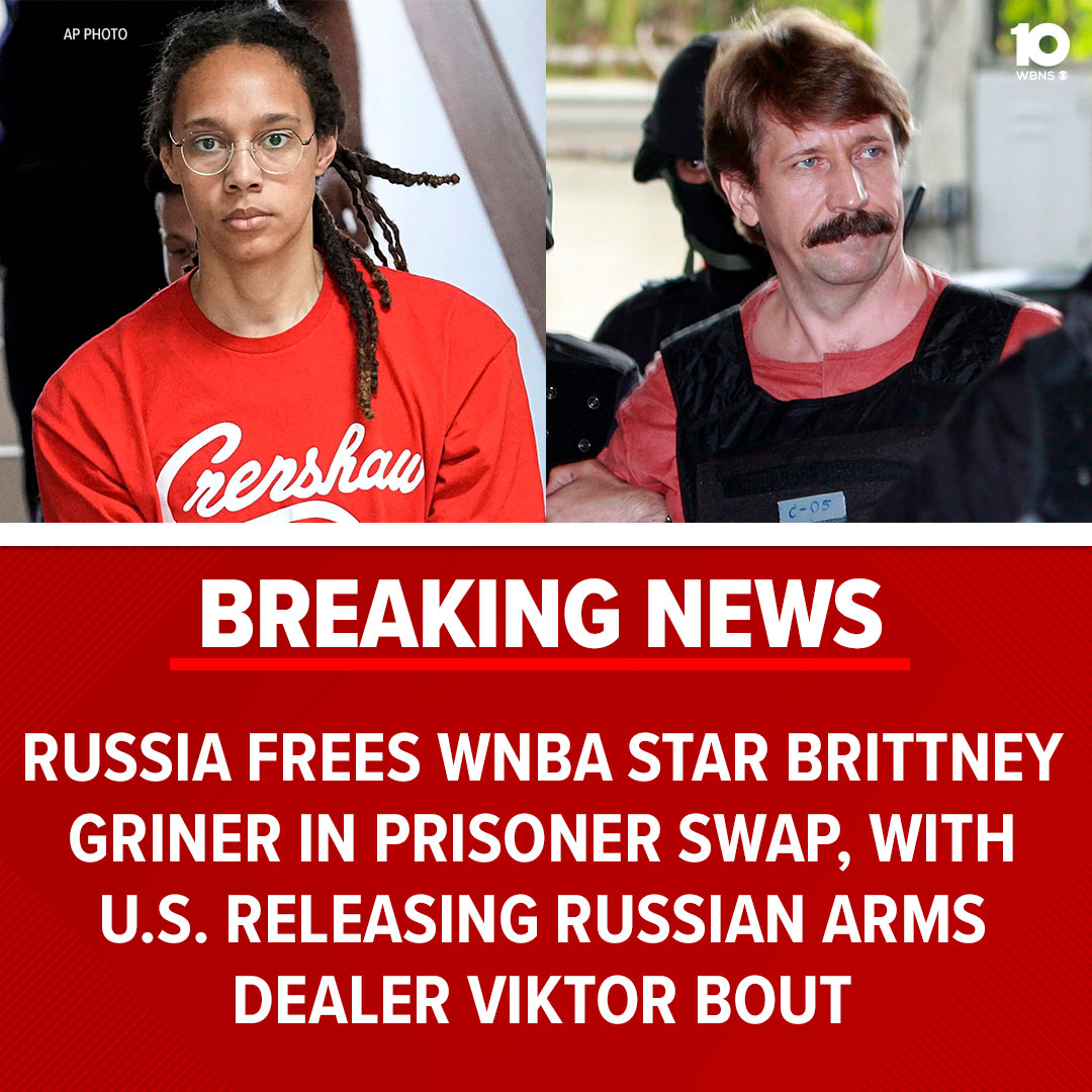 #BREAKING: Officials say Russia frees WNBA star Brittney Griner in a prisoner swap, with the U.S. releasing Russian arms dealer Viktor Bout. bit.ly/3FDMltH #10TV