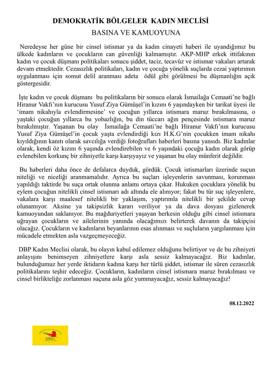 DBPKadinMeclisi's tweet photo. İsmailağa Cemaati’ne bağlı Hiranur Vakfı kurucusu Yusuf Ziya Gümüşel’in kızının, 6 yaşında imam nikahıyla evlendirilmesi ve  cinsel istismara uğramasına ilişkin basın açıklamamızdır. https://t.co/ERqdU8ysgP