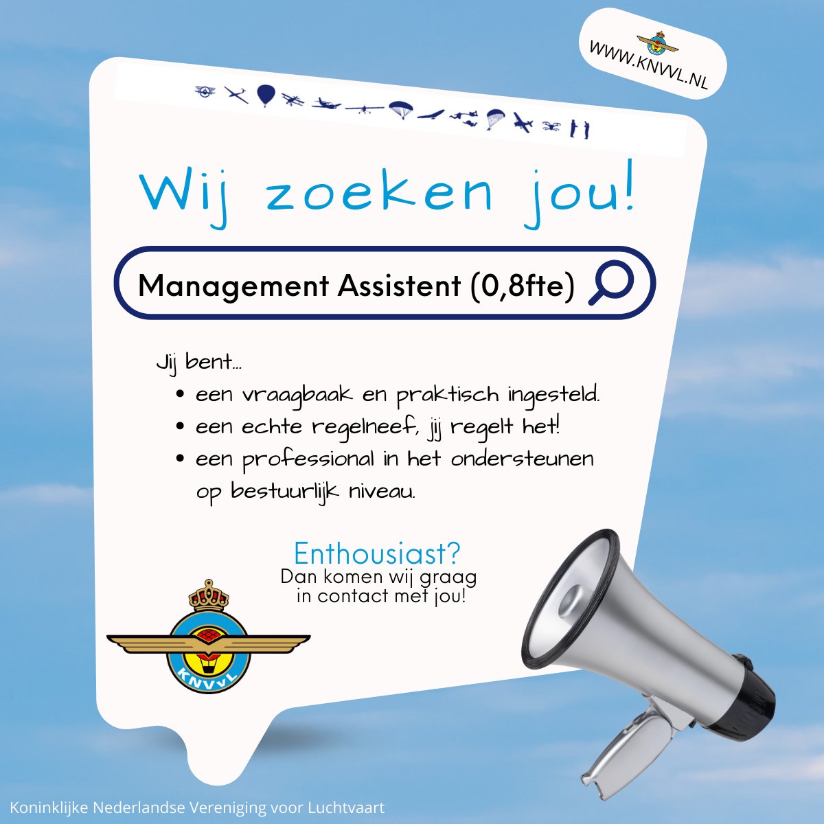 We werken samen voor één doel: onze leden laten vliegen. Dat is wat ons werk zo leuk maakt en elke dag anders. Kom jij ons team versterken als Management Assistent? Bekijk de vacature op onze website: lnkd.in/eepbQXte

#werkenbij #knvvl #vacature #managementassistent