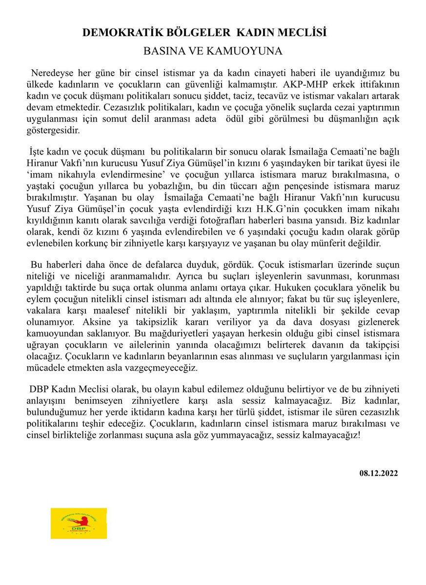 DbpwankadN's tweet photo. İsmailağa Cemaati’ne bağlı Hiranur Vakfı kurucusu Yusuf Ziya Gümüşel’in kızının, 6 yaşında imam nikahıyla evlendirilmesi ve  cinsel istismara uğramasına ilişkin basın açıklamamızdır. 
@DBPKadinMeclisi https://t.co/t6GpunX2Tj