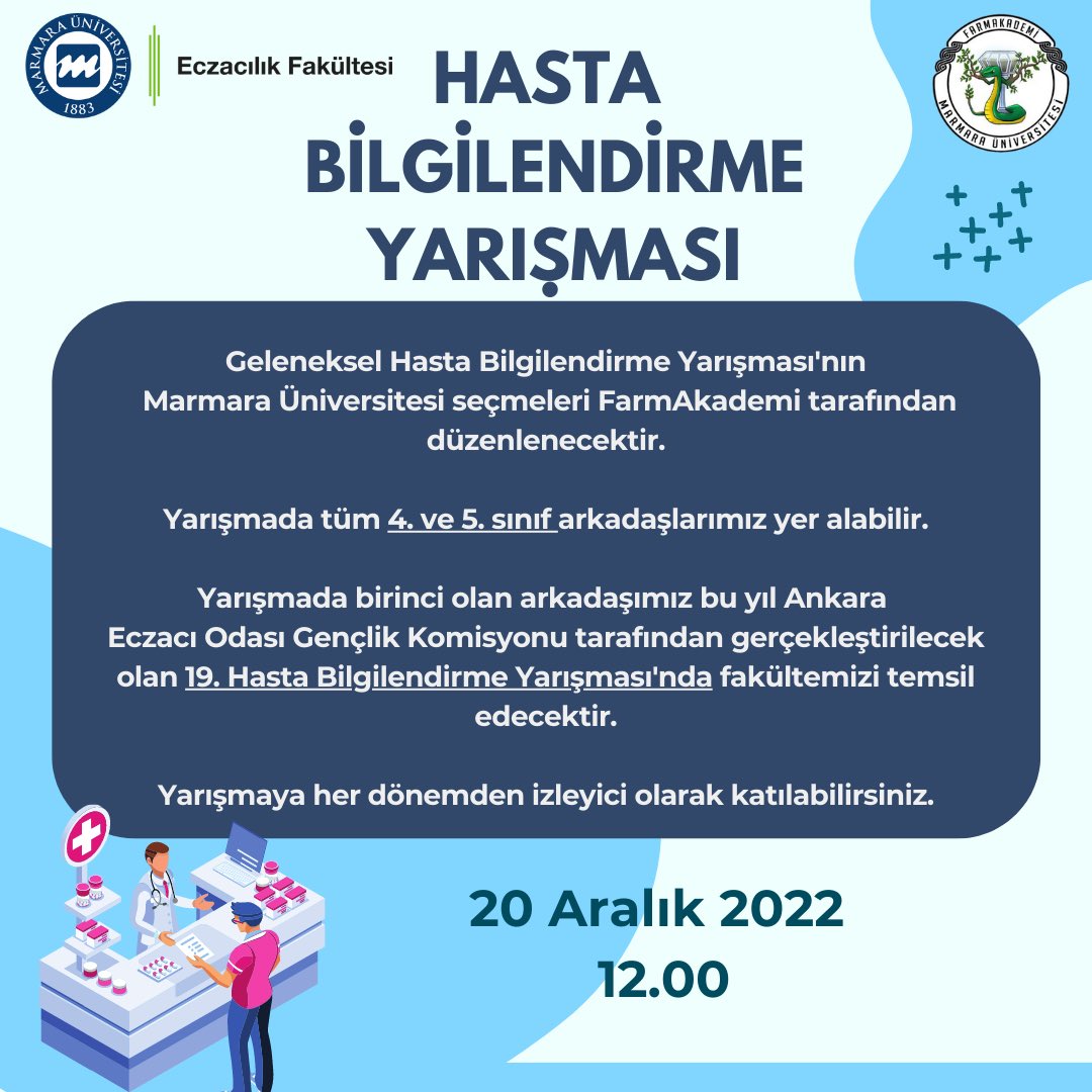 farmaakademi's tweet photo. Herkese Merhaba! 🐍

Ankara Eczacı Odası Gençlik Komisyonu tarafından gerçekleştirilen ve bu yıl 19.'su gerçekleştirilecek olan Ulusal Hasta Bilgilendirme Yarışması'nın Marmara Üniversitesi seçmeleri her yıl olduğu gibi bu yıl da FarmAkademi tarafından düzenlenecektir. 💊 https://t.co/OLjQL0Y19r