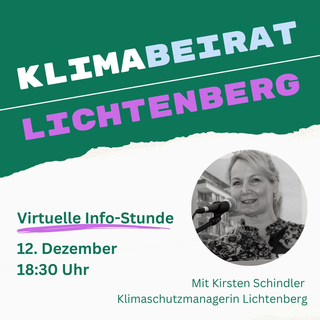 Ist der #Klimabeirat genau der Ort, an dem du richtig was bewegen kannst, spannende Kontakte knüpfst und über dich hinauswächst??
Finde es heraus: 
👉digitale Info-Stunde am 12.12. ‼️
mit der Klimamanagerin <a href="/BaLichtenberg/">Bezirksamt Libg</a>  fridaysforfuture.berlin/klimabeirat-li… #Klimakrise #Lichtenberg