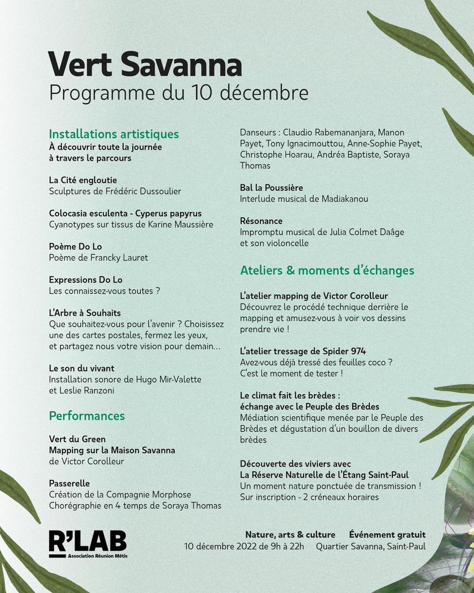🌿Ce samedi 10 décembre à St Paul aura lieu « Vert Savanna ». Un événement gratuit au cœur du quartier de Savanna autour de la nature mêlant culture, art et science !
Un projet de l’association Réunion Métis soutenu par <a href="/EDF_Reunion/">EDF à La Réunion</a>. Découvrez le programme 👉