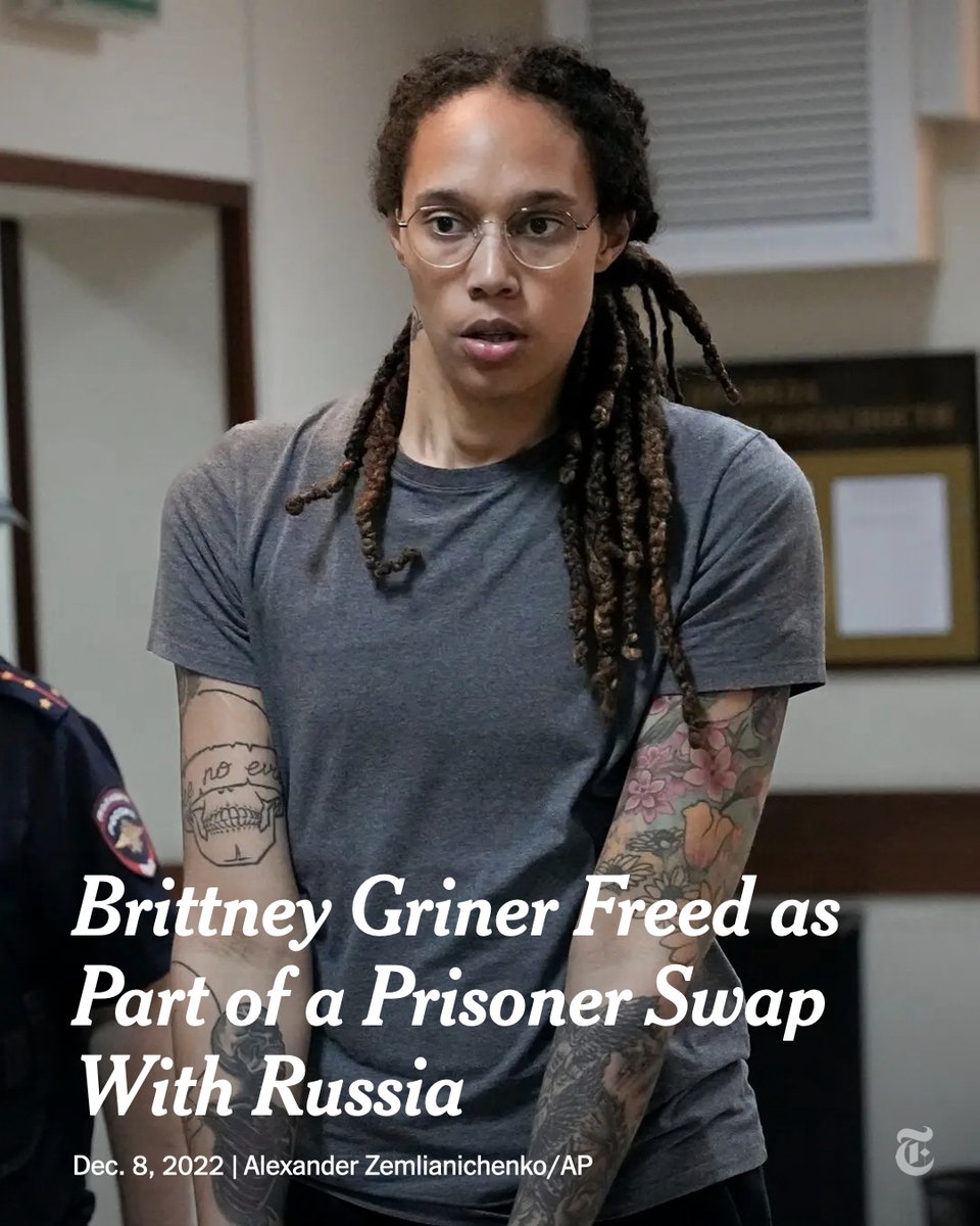nytimes's tweet photo. Brittney Griner, the American basketball star imprisoned in Russia, was released after 10 months of captivity after President Biden agreed to a swap for Viktor Bout, a Russian arms dealer, officials said. https://t.co/1LrZOepD8y https://t.co/EE9gtyOP7t