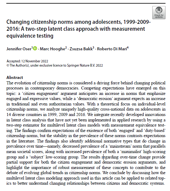 jennifer_oser's tweet photo. 📢NEW article on citizenship norms, 1999-2016 w/@MarcHooghe @zsuzsabakk &amp; Roberto Di Mari! We find that "duty-based" &amp; "engaged" norms remain stable - but other groups change in prevalence. Nice timing to discuss in ECPR political culture series Dec 13 👇
https://t.co/eXIr31UHtk https://t.co/E20gPOmfju