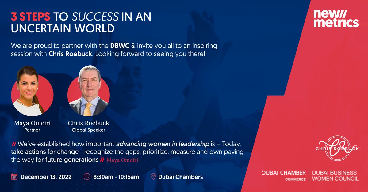 New Metrics is proud to partner with the Dubai Business Women Council (DBWC)!

Join our upcoming "3 Steps to Success in an Uncertain World" workshop!

Reserve your spot now! 
lnkd.in/dHPShDzU