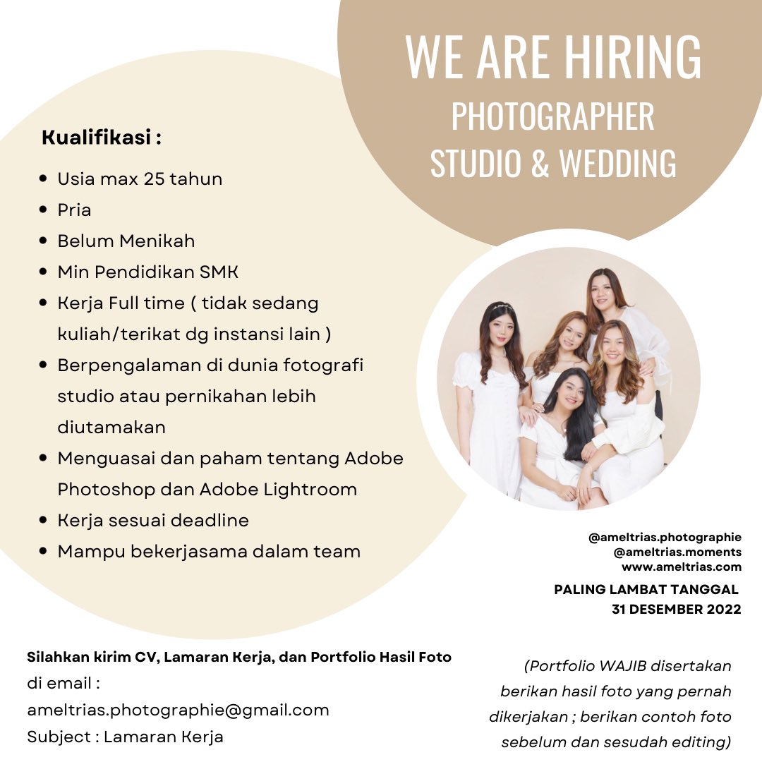 Studio Ameltrias lagi cari team fotografer, yang mau join bisa lihat detailnya di poster ya.
cc <a href="/infomalang/">Info Malang</a> #InfoLoker